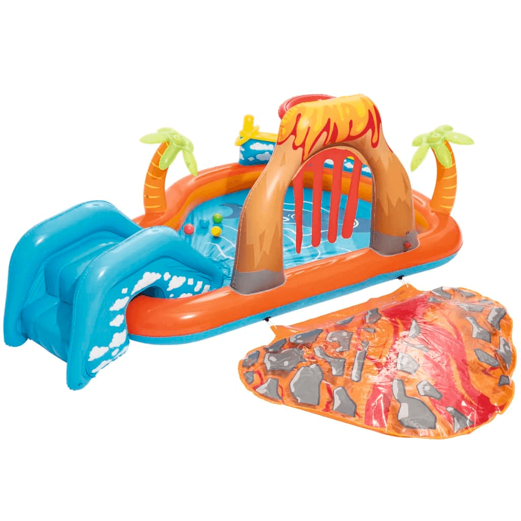 Lava Lagoon Play Centre - Backyard Water Fun, Transform your backyard with the Lava Lagoon Play Centre. Easy setup, 208L capacity, vibrant features like palm trees and ball ramp for endless summer fun!