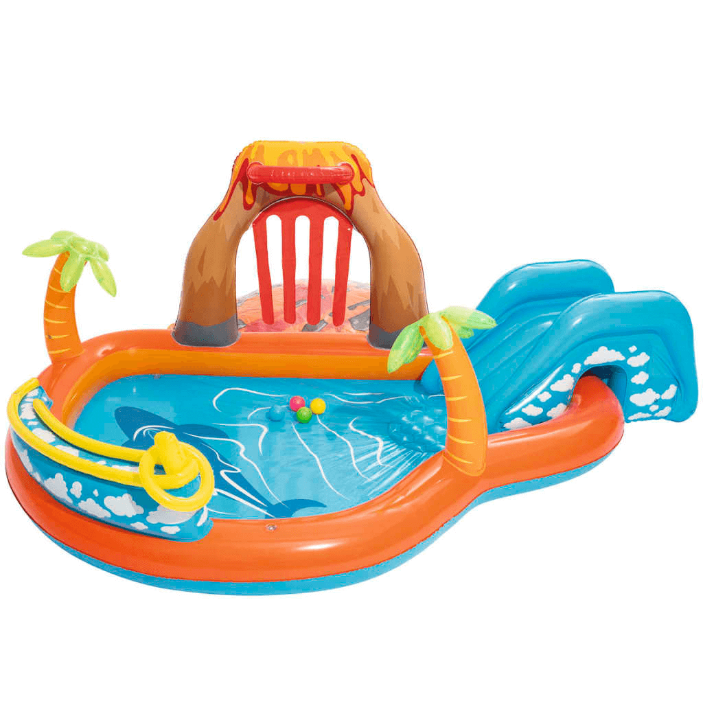 Lava Lagoon Play Centre - Backyard Water Fun, Transform your backyard with the Lava Lagoon Play Centre. Easy setup, 208L capacity, vibrant features like palm trees and ball ramp for endless summer fun!