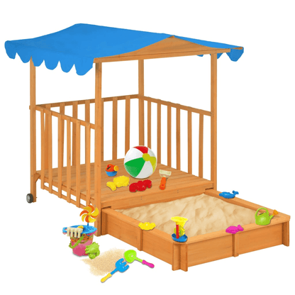 Kids Playhouse with Sandbox - Outdoor Fun, Transform your backyard with this fir wood playhouse, featuring a blue UV50 protected roof. A perfect spot for imaginative play and adventures.