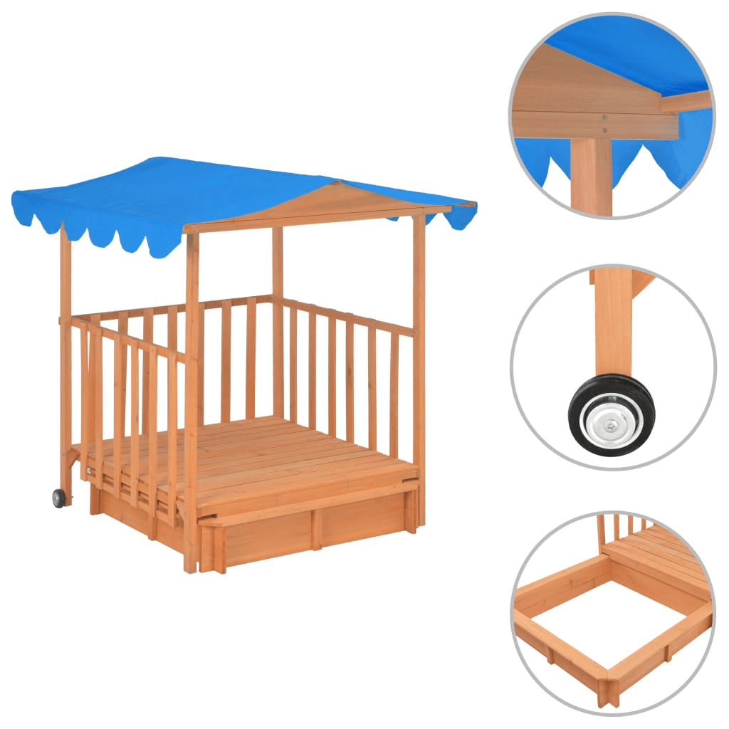 Kids Playhouse with Sandbox - Outdoor Fun, Transform your backyard with this fir wood playhouse, featuring a blue UV50 protected roof. A perfect spot for imaginative play and adventures.