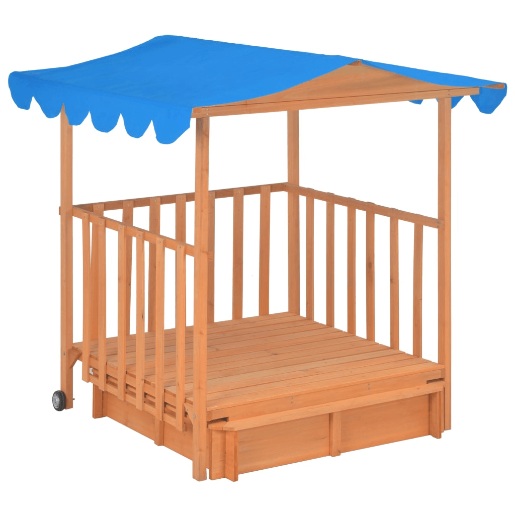 Kids Playhouse with Sandbox - Outdoor Fun, Transform your backyard with this fir wood playhouse, featuring a blue UV50 protected roof. A perfect spot for imaginative play and adventures.