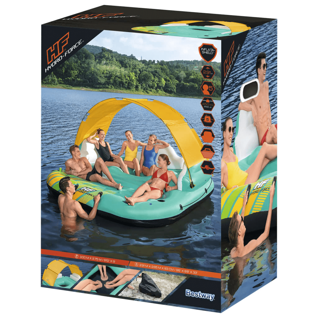 5-Person Inflatable Island Sunny Lounge - Ultimate Lounger, Relax in style with the 5-Person Inflatable Island Sunny Lounge. Perfect for pool parties or lazy lake days, it offers ample space, a sunshade, and cup holders.