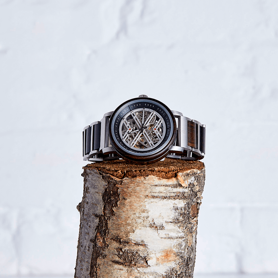 Handmade Eco-Friendly Wood Watch for Men, Discover The Banyan: a luxury, handmade wood watch crafted for men from recycled Chacate Preto wood. Sustainable, durable, and sophisticated.