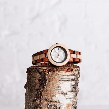 The Hazel Watch - Dual Tones, Sustainable Elegance, Discover The Hazel Watch: an eco-friendly timepiece crafted from upcycled Maple and Red Sandalwood. Elegance meets sustainability.