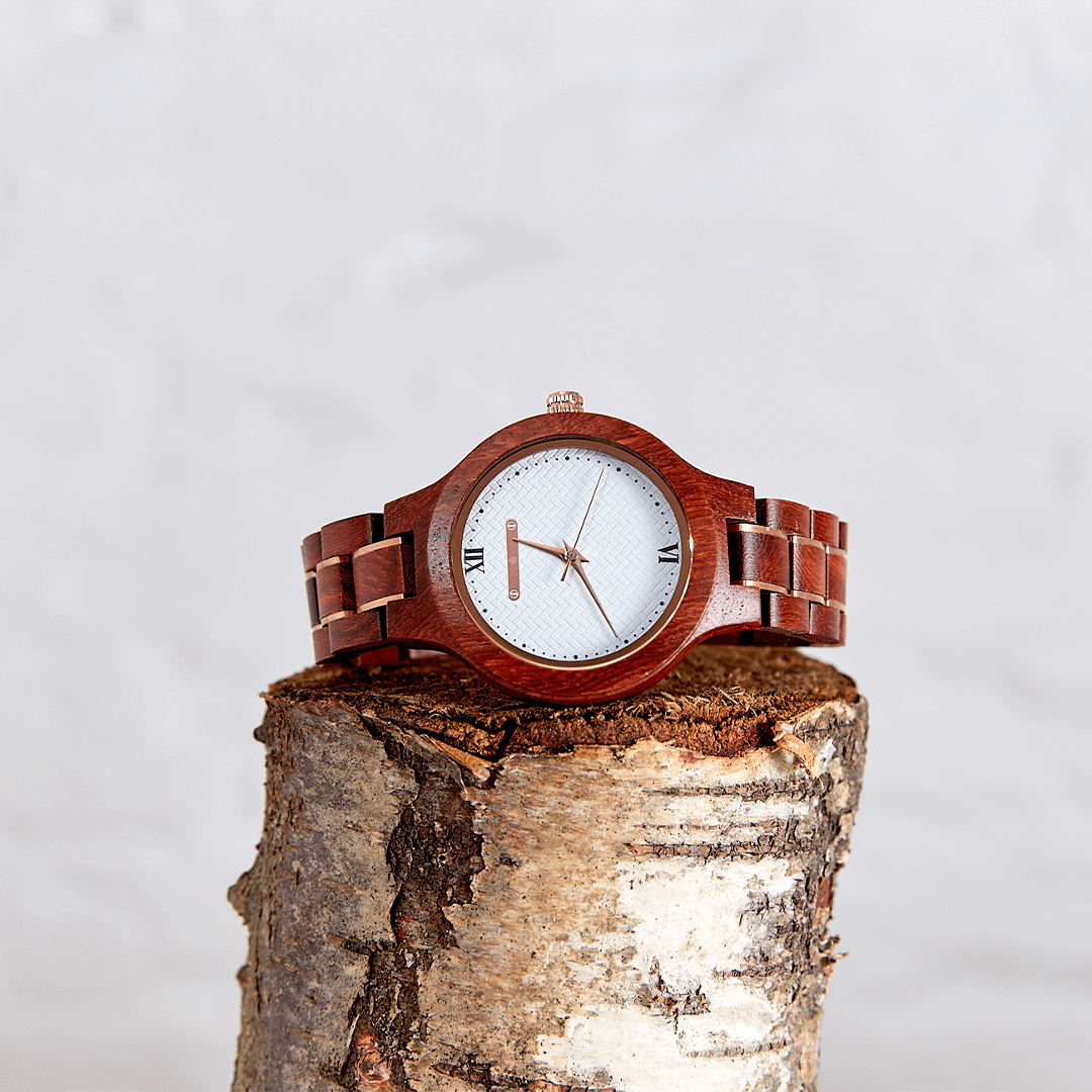 The Magnolia: Handmade Red Sandalwood Watch, Discover The Magnolia, a handmade wood watch for women, crafted from recycled Red Sandalwood. Elegant, sustainable, and one-of-a-kind.