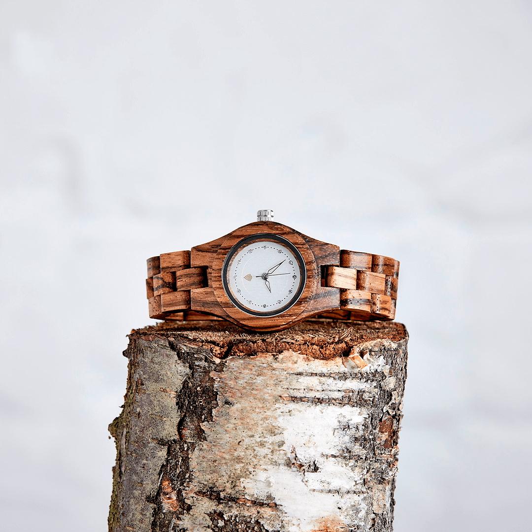 The Pine Watch - Handmade Sustainable Wood Watch, Unique handmade wooden watch from recycled furniture. Features striking grain patterns and eco-friendly packaging. Effortless style with minimal, bright dial.