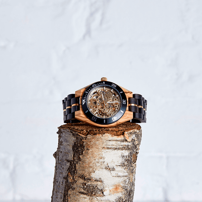 The Rosewood: Luxurious Handmade Men's Wood Watch, Discover The Rosewood, an eco-friendly men's wood watch with exposed gold movement—crafted for sustainability and sophistication.