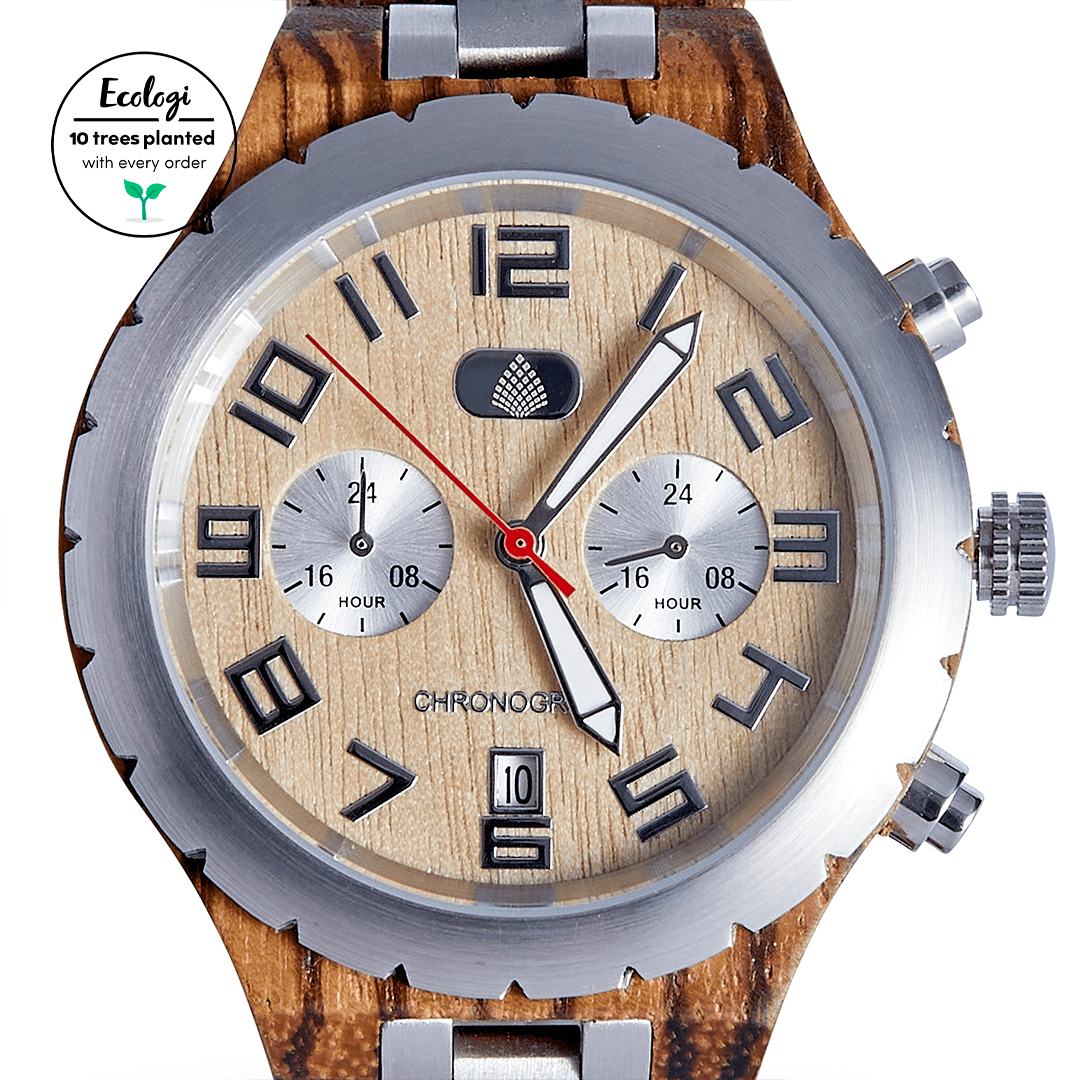 Premium Eco-Friendly Sandalwood Wood Watch for Men, Discover stylish durability with The Sandalwood, a handmade, eco-friendly chronograph watch crafted from recycled Zebrawood.