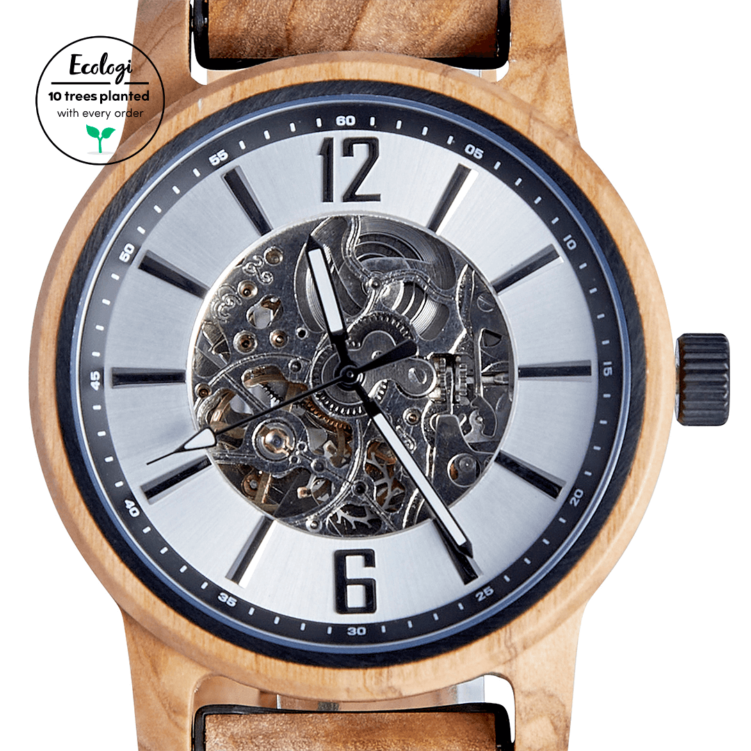 The Sycamore: Handmade Olive Wood Watch for Men, Experience elegance with The Sycamore Wood Watch for Men. Handmade from olive wood, featuring exposed mechanics, and a stylish grey watch face.