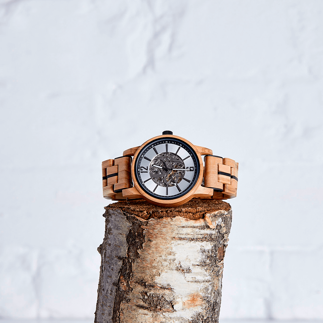 The Sycamore: Handmade Olive Wood Watch for Men, Experience elegance with The Sycamore Wood Watch for Men. Handmade from olive wood, featuring exposed mechanics, and a stylish grey watch face.