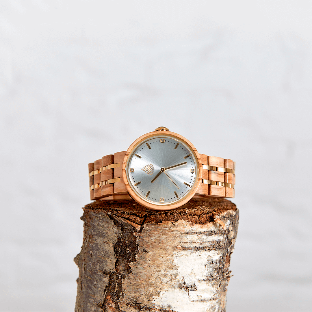 The Teak: Natural Wood Watch - Stylish & Sustainable, Discover The Teak Natural Wood Watch, handcrafted from Olive wood with gold accents. A perfect blend of style and sustainability for eco-conscious fashion.