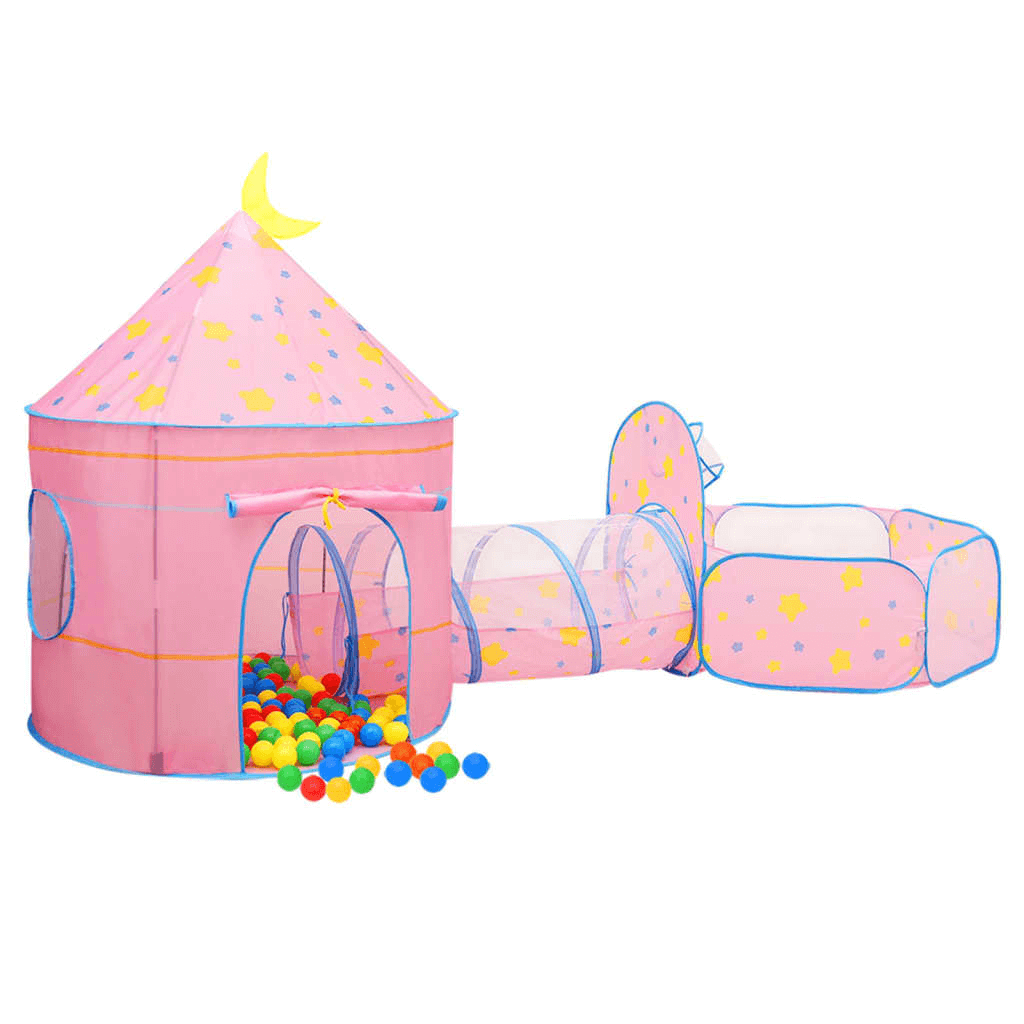 Pink Children's Play Tent - 3-in-1 Castle Tent & Ball Pit, Delight your child with our 3-in-1 play tent, ball pit, and tunnel. Features 250 balls, durable polyester, and easy storage. Dimensions: 301x120x128 cm.