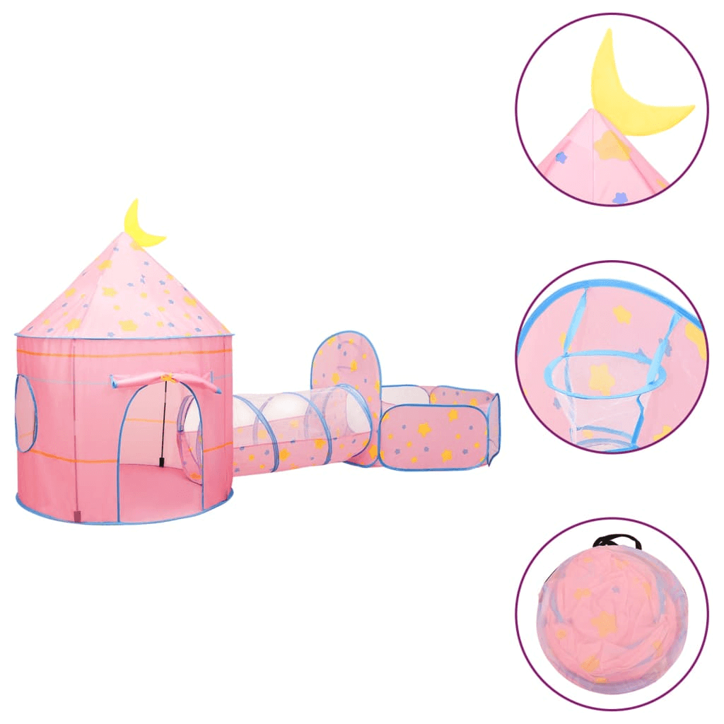 Pink Children's Play Tent - 3-in-1 Castle Tent & Ball Pit, Delight your child with our 3-in-1 play tent, ball pit, and tunnel. Features 250 balls, durable polyester, and easy storage. Dimensions: 301x120x128 cm.