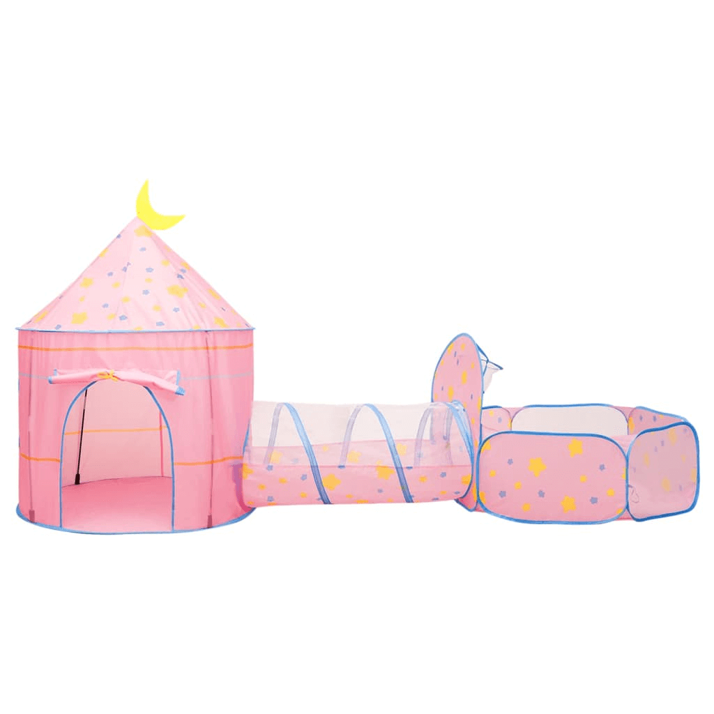 Pink Children's Play Tent - 3-in-1 Castle Tent & Ball Pit, Delight your child with our 3-in-1 play tent, ball pit, and tunnel. Features 250 balls, durable polyester, and easy storage. Dimensions: 301x120x128 cm.