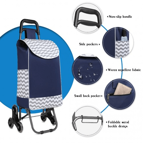 6 Wheel Push Shopping Trolley - Navy, Durable & Collapsible, Shop effortlessly with the Kono 6 Wheel Push Shopping Trolley. Durable, collapsible, and spacious design with a non-slip handle.