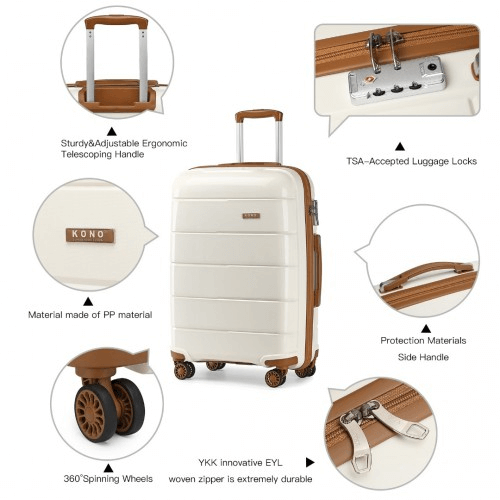 KONO Stylish Hard Shell Suitcase Set - Cream (3 Sizes), Travel in style with the KONO Hard Shell PP Suitcase Set. Lightweight, durable, and secure. Perfect for your next adventure!