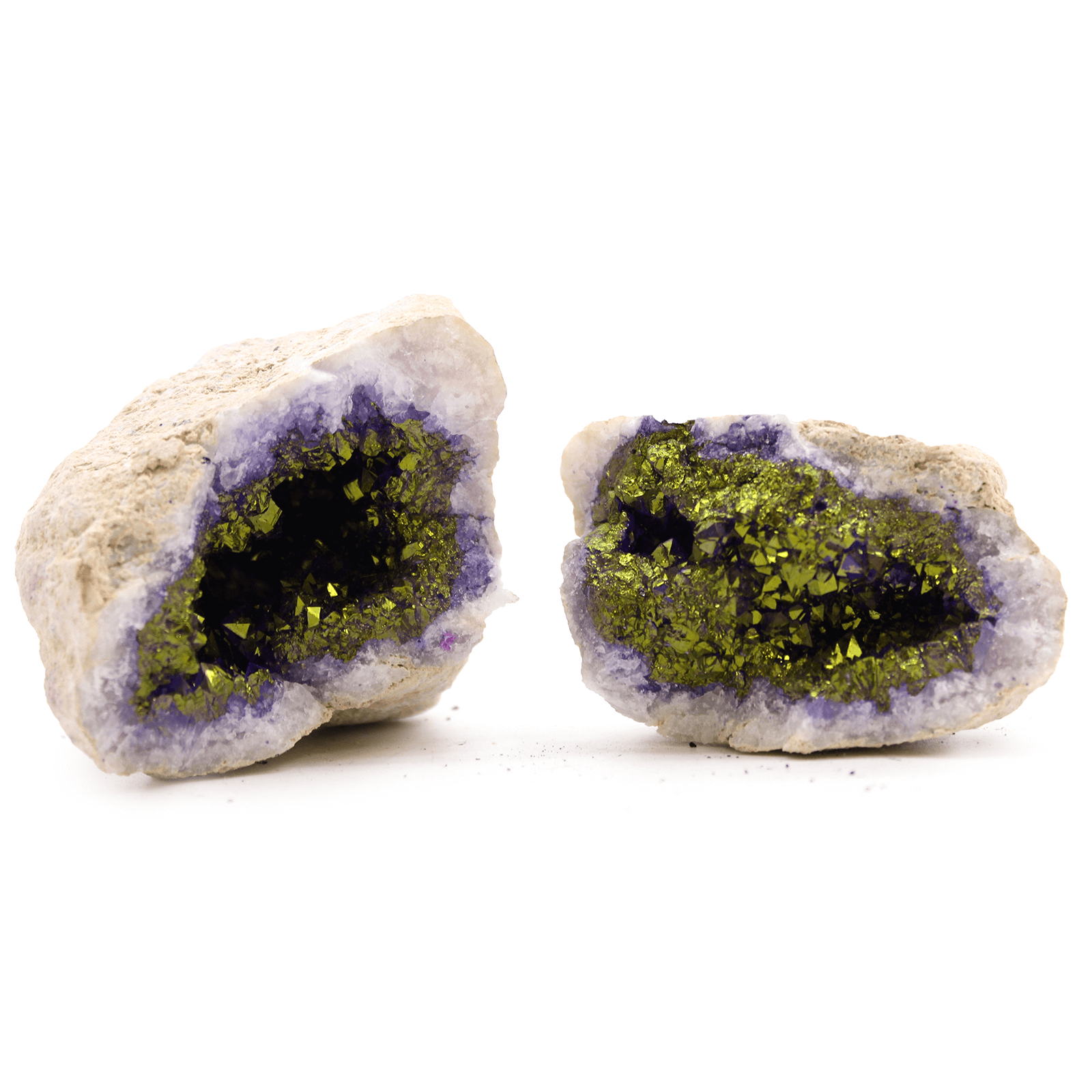 Stunning Coloured Calcite Geodes - Home & Office Decor, Discover our uniquely formed purple and gold Calcite Geodes. Perfect for transforming any space with natural beauty and vibrant crystals.