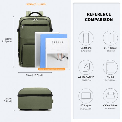 Kono 3-in-1 Multifunctional Travel Backpack - Green, Durable, waterproof, airline-approved backpack. Perfect for daily use and as carry-on luggage. Meets cabin allowance for most airlines.