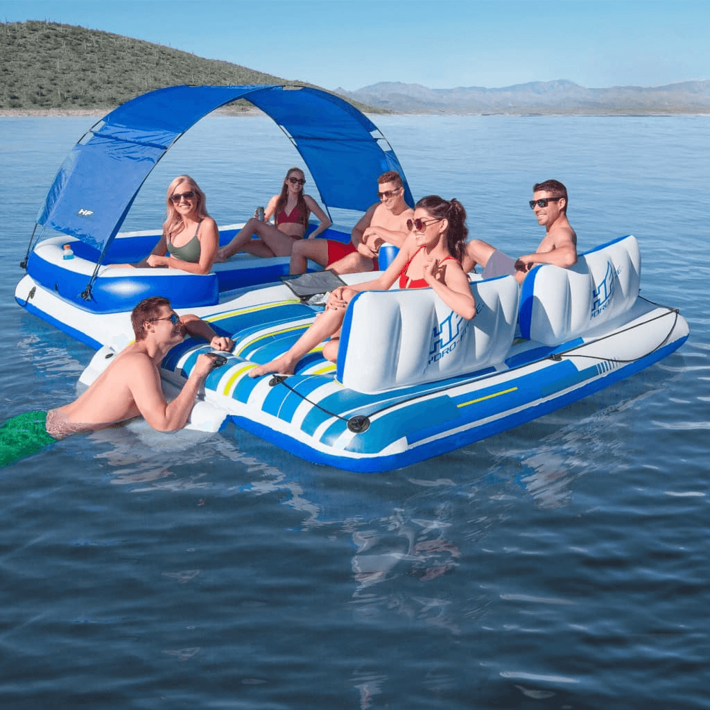 Tropical Breeze Floating Island - Spacious Water Lounger, Relax on the Tropical Breeze Floating Island, a 389x274 cm water lounger for up to 6 people, perfect for summer fun. Durable and comfortable design!