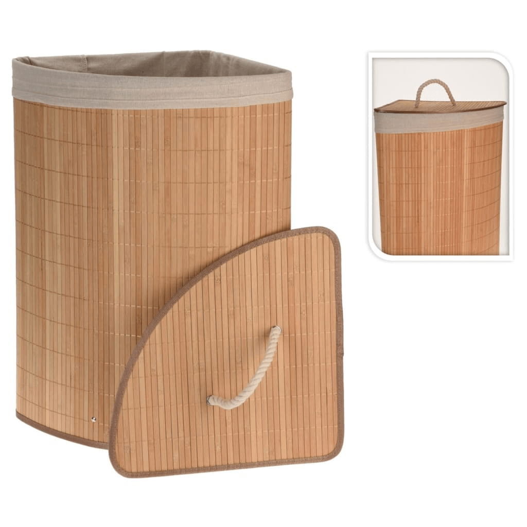 Bamboo Corner Laundry Basket - Save Space Stylishly, Maximize space with our Bamboo Laundry Basket for corners. Perfect for bathrooms, it’s durable & adds elegance to laundry organization.