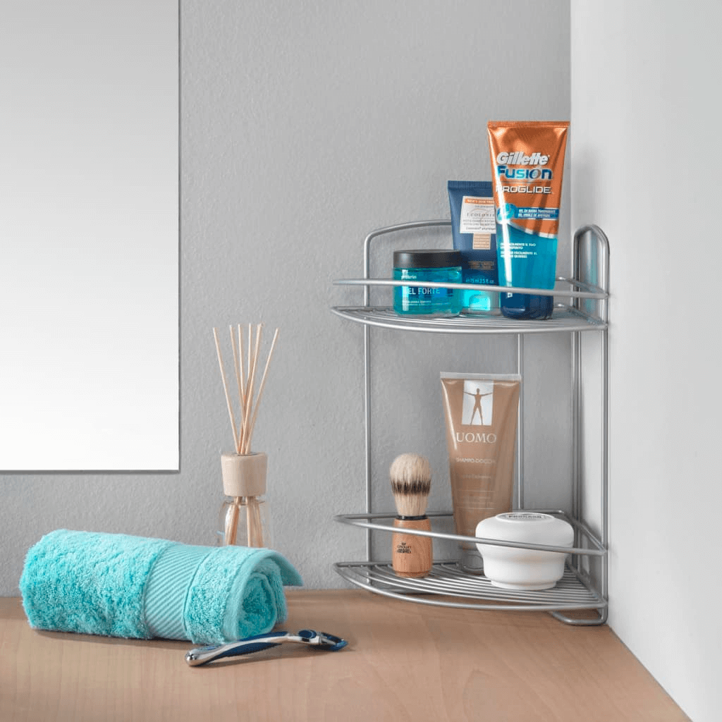 Metaltex Onda Silver 2-Tier Douche Rack - Buy Now, Organize your bathroom effortlessly with the sleek Metaltex Onda 2-Tier Corner Douche Rack in Silver. Perfect for toiletries.