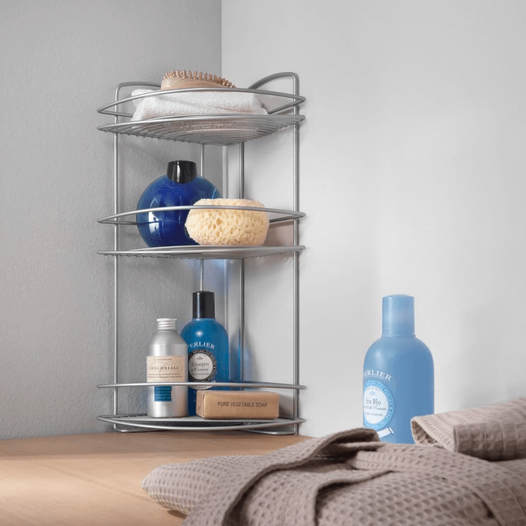 Metaltex Onda 3-Tier Corner Douche Rack - Silver, Elevate your bathroom with the sleek, rust-proof Metaltex Onda 3-tier corner douche rack in silver. Perfect for modern decor & easy organization.