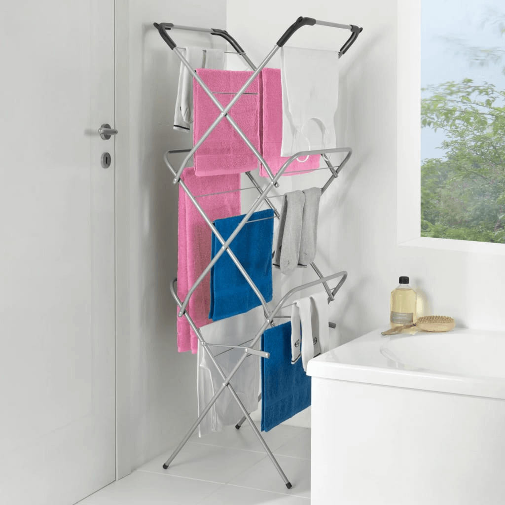 Metaltex 3-tier Slim Drying Rack - Space Saver, Discover the sleek Metaltex Tec Concerto Slim 3-tier Drying Rack. Perfect for small spaces with 9.5m of drying length. Ideal for dorms and studios.