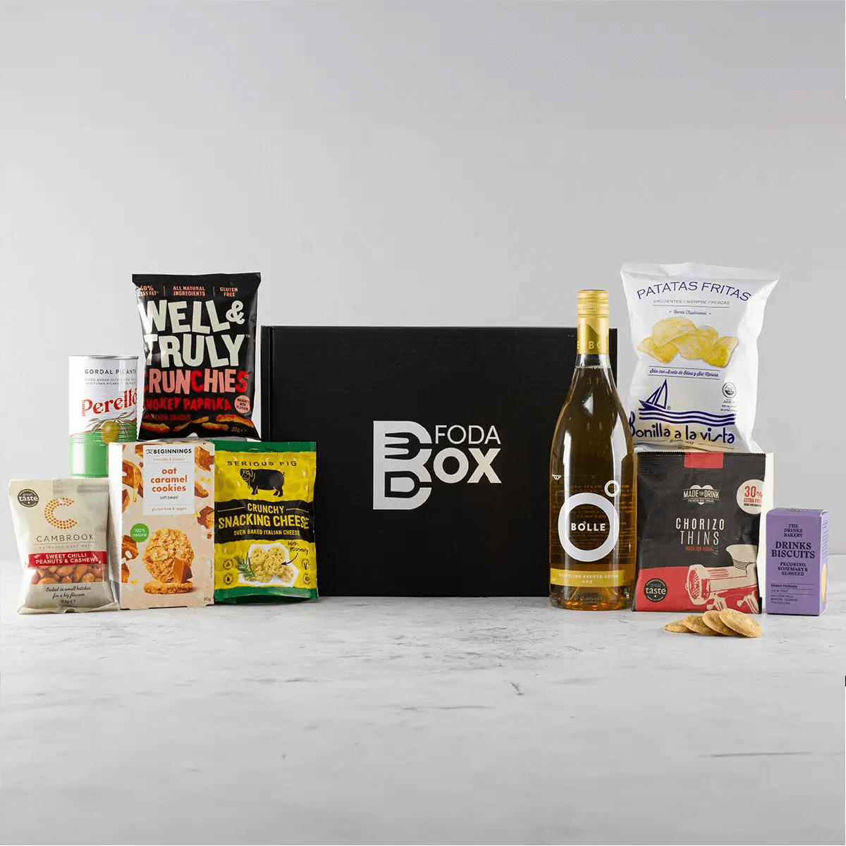 Non-Alcoholic Sparkling Wine & Snacks Gift - FodaBox, Delight wine lovers with Bolle Oro Non-Alcoholic Sparkling Wine & Premium Snacks Hamper by FodaBox. Ideal for wellness enthusiasts seeking a thoughtful gift.