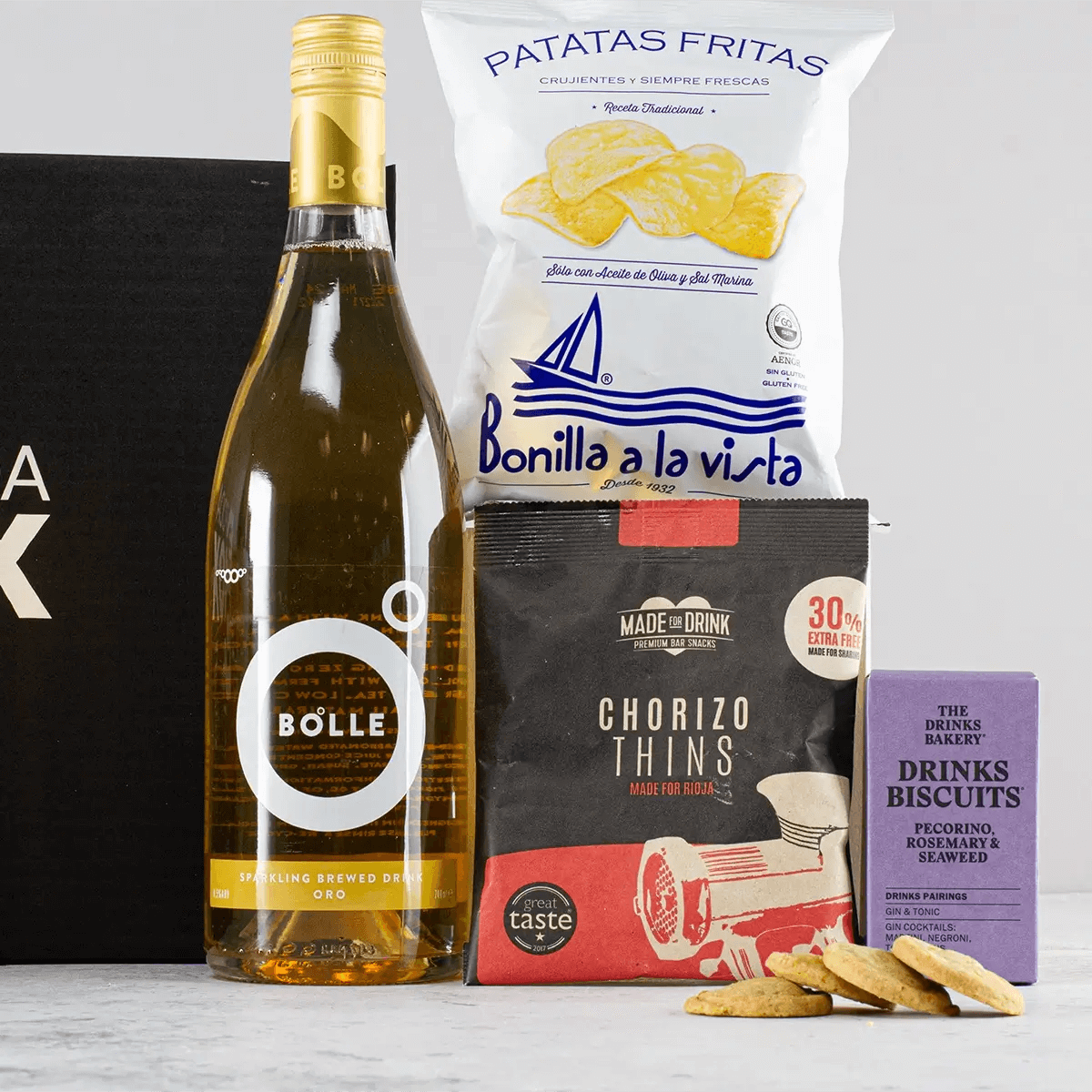 Non-Alcoholic Sparkling Wine & Snacks Gift - FodaBox, Delight wine lovers with Bolle Oro Non-Alcoholic Sparkling Wine & Premium Snacks Hamper by FodaBox. Ideal for wellness enthusiasts seeking a thoughtful gift.