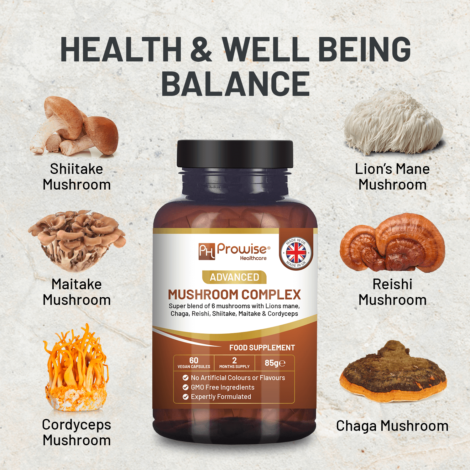 Premium Advanced Mushroom Complex - 60 Vegan Capsules, High-strength blend of Lion's Mane, Chaga, Reishi, Cordyceps, Shiitake & Maitake. Made in UK. 2-month supply. Rich in vitamins, protein & fiber.