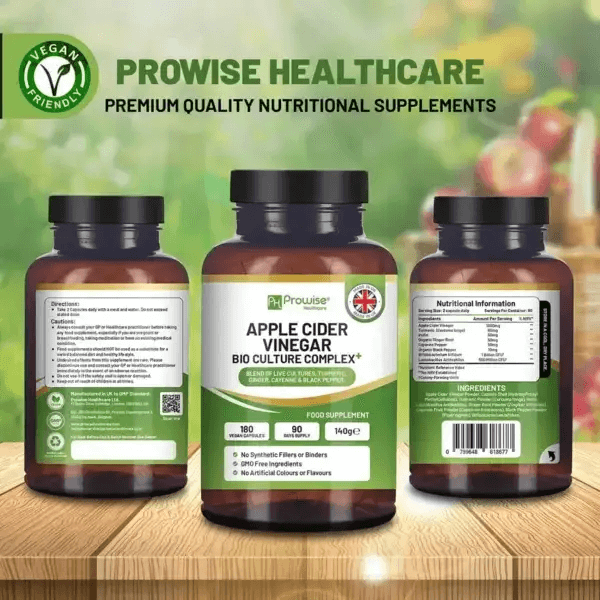 Apple Cider Vinegar Capsules with Probiotics - 1300mg, 1300mg Apple Cider Vinegar capsules with probiotics, prebiotics, turmeric, and ginger. 180 vegan capsules, free from artificial additives.