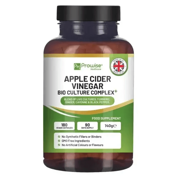 Apple Cider Vinegar Capsules with Probiotics - 1300mg, 1300mg Apple Cider Vinegar capsules with probiotics, prebiotics, turmeric, and ginger. 180 vegan capsules, free from artificial additives.