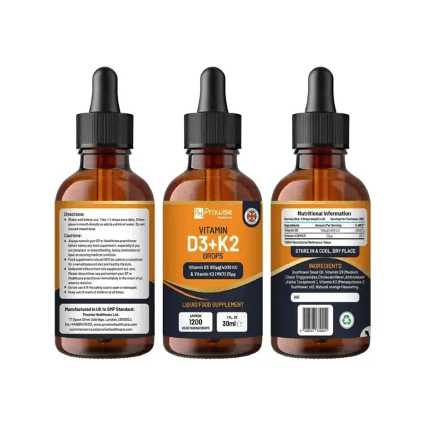 Vitamin D3 4000 IU + K2 MK7 Orange Drops 30ml, High-strength Vitamin D3 & K2 liquid drops for fast absorption. Easy 4-drop serving. 300 servings per 30ml bottle. Made in the UK.