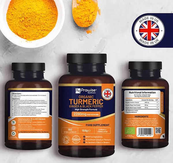 High Strength Organic Turmeric Capsules 2280mg, Prowise's organic turmeric with ginger & black pepper offers 2280mg daily, Soil Association certified and made in the UK. 180 vegan capsules.