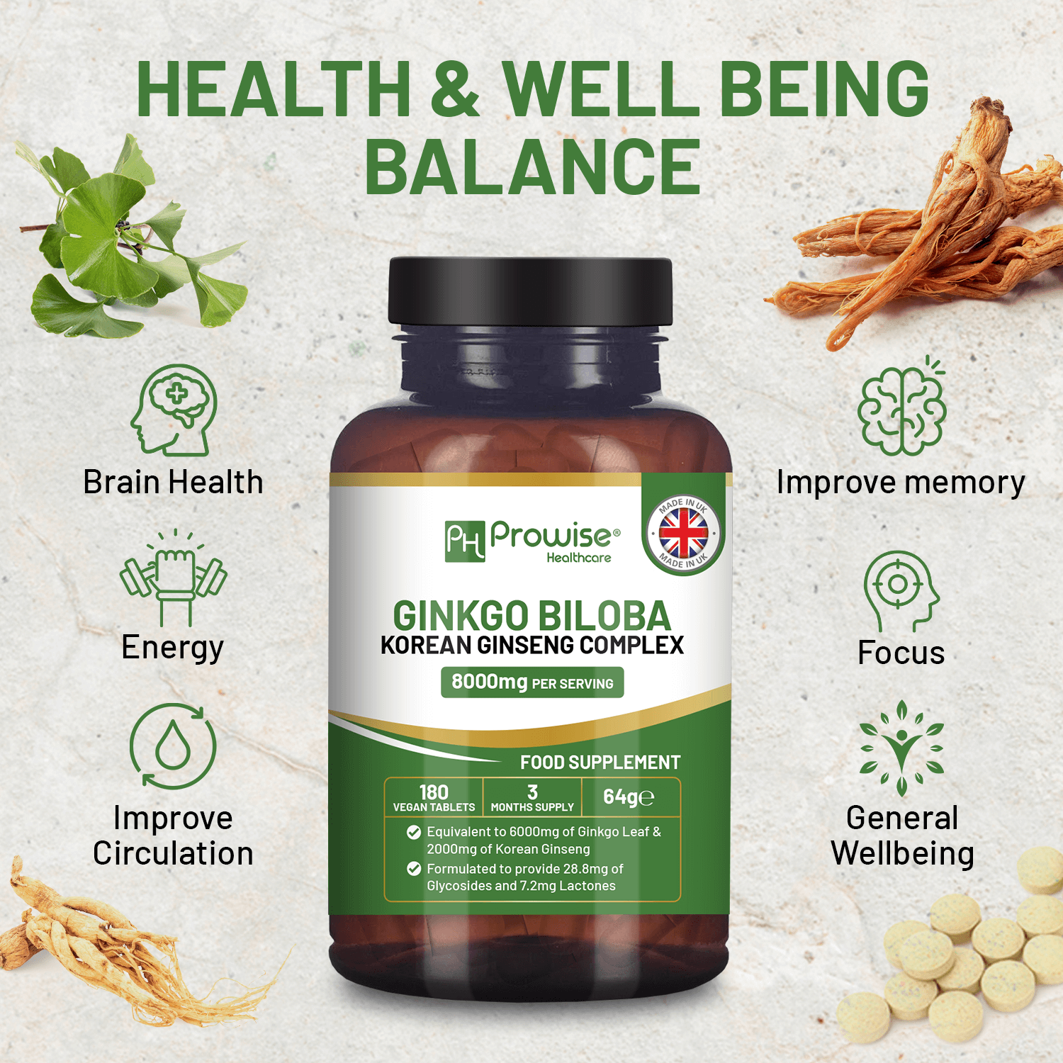 Ginkgo Biloba & Korean Ginseng Tablets - Vegan | 8000mg, Boost cognitive function & mental performance with 8000mg Ginkgo Biloba & Korean Ginseng Tablets. Vegan-friendly, UK-made for enhanced focus & well-being.