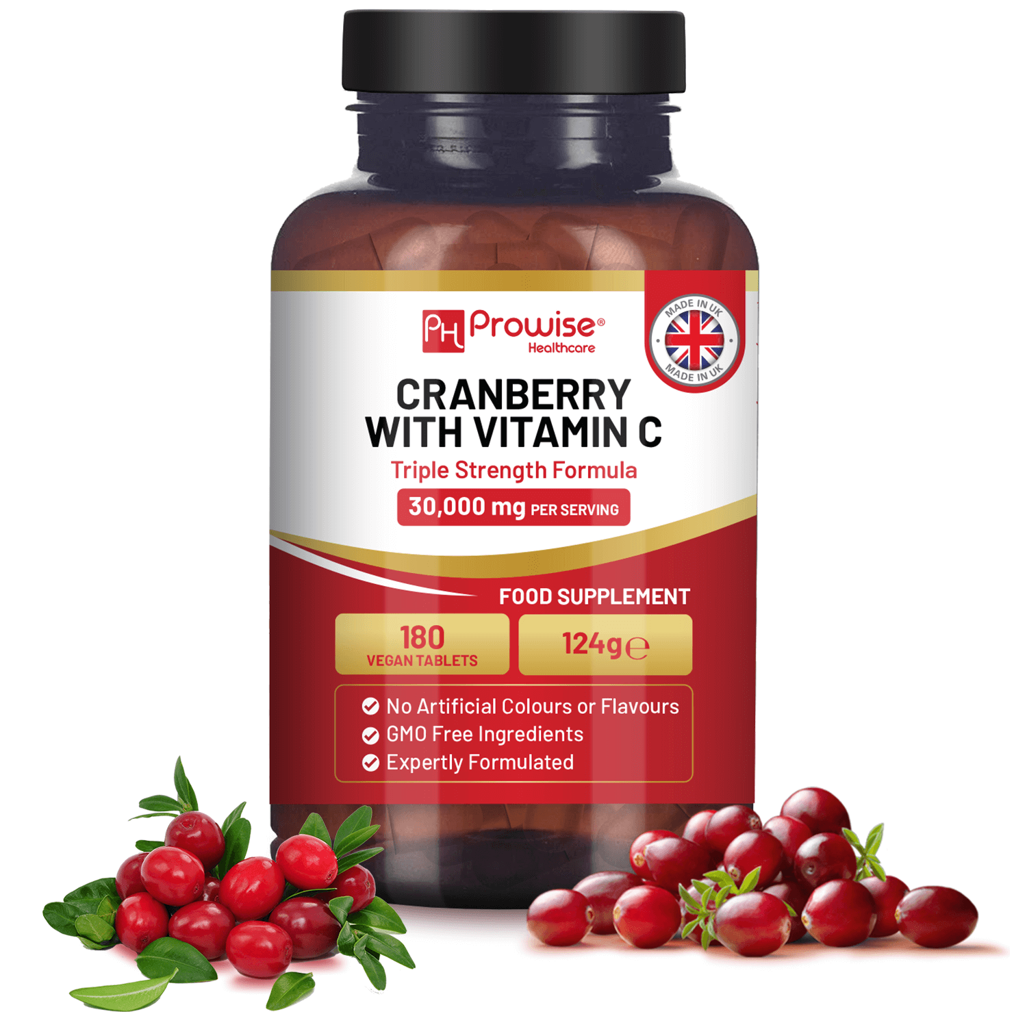 Triple Strength Cranberry Tablets with Vitamin C - 180 Count, High-strength 30,000mg cranberry UTI support tablets with 240mg Vitamin C per serving. Boosts immune system and reduces fatigue. Made in the UK.