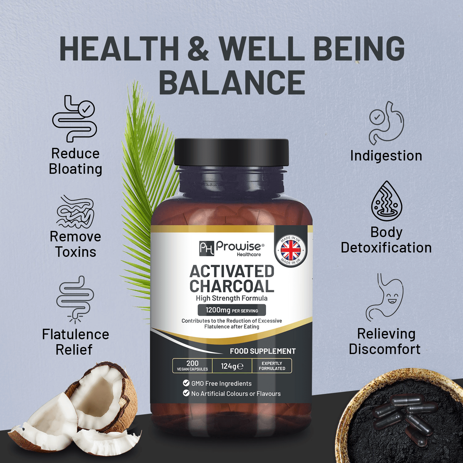 Activated Charcoal Capsules - High Strength Vegan - 1200mg, Discover relief from flatulence, bloating, and indigestion with Prowise Activated Charcoal Capsules. Made in the UK from natural coconut shells.