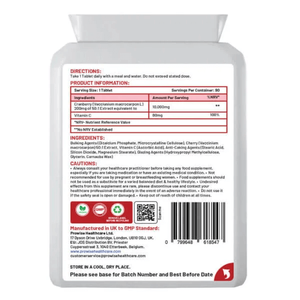 Cranberry With Vitamin C - 10,000mg 90 Tablets, Boost immune & urinary health with high-potency cranberry & Vitamin C tablets. Vegan & vegetarian friendly. 90 Tablets.