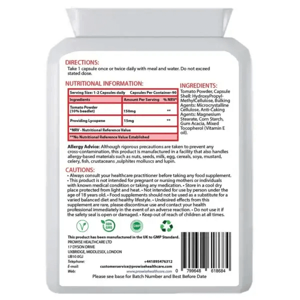 Lycopene 10% Beadlet 15mg - 90 Capsules, Prowise Lycopene Supplement - High potency antioxidant, 10% Beadlet, vegan-friendly, UK made, GMP certified. Get 3x more powerful than Vitamin E!