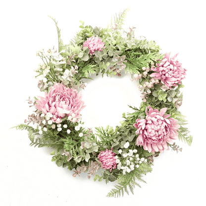 Elegant Pink Floral Wreath - Luxurious Door Decor, Add elegance to your home with our handcrafted pink floral wreath. Perfect for any door or space, featuring lifelike pink blossoms.