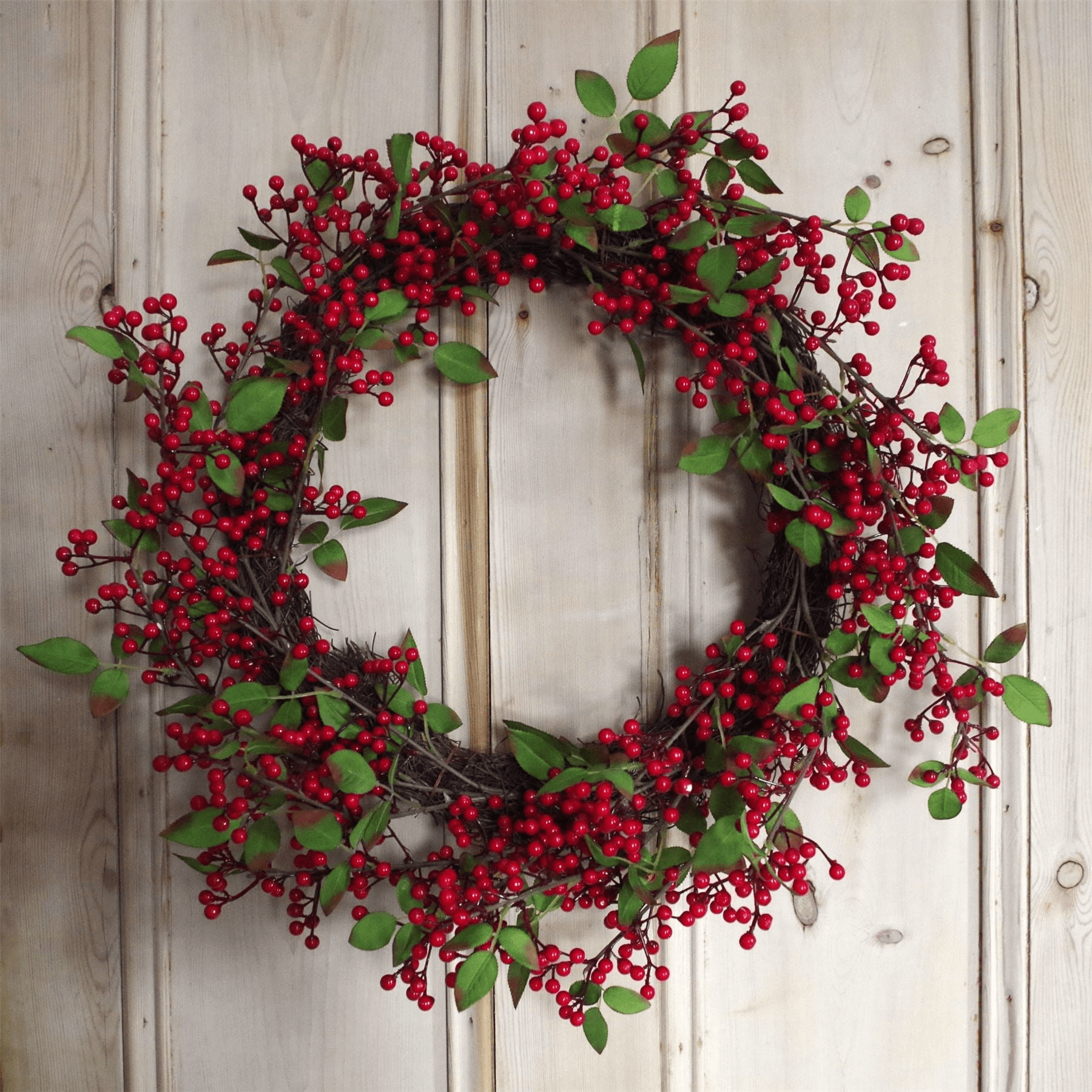 Luxury Christmas Wreath with Red Berries - 60cm, Elevate your home decor with our 60cm luxury Christmas wreath, featuring high-quality silk leaves and red berries for a stunning festive look.