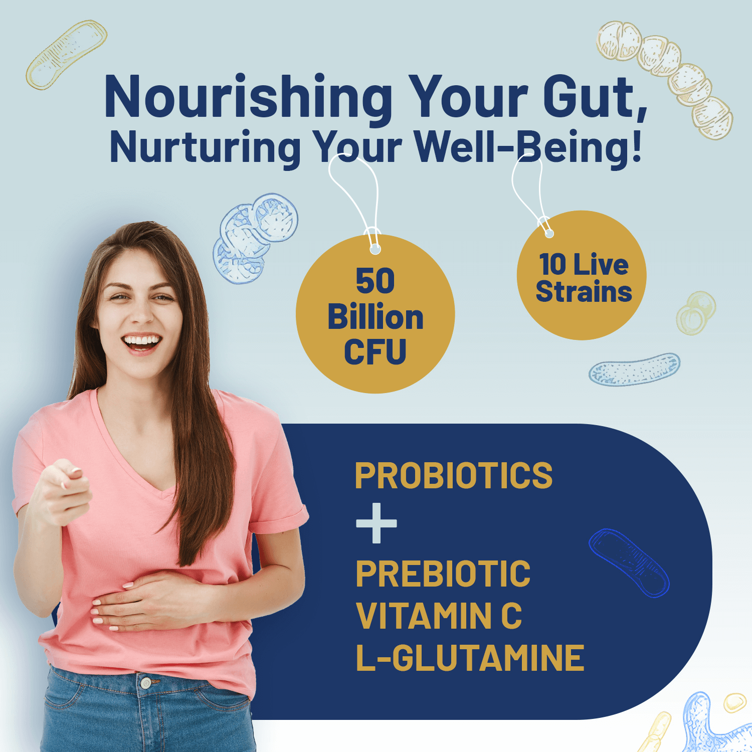 Bio Cultures Complex Probiotics & Prebiotics, 50 Billion CFU, Advanced probiotic supplement with 50 billion CFU, 10 strains, Inulin, L-Glutamine, and Vitamin C for balanced gut health. Perfect for women and men.