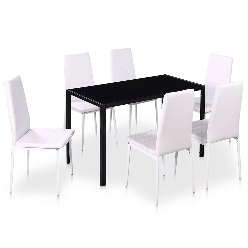 Sleek 7-Piece Dining Set - Black & White Elevate meals with our vidaXL 7 Piece Dining Set in black & white. Modern design & tempered glass top for stylish durability. Perfect for family & guests.