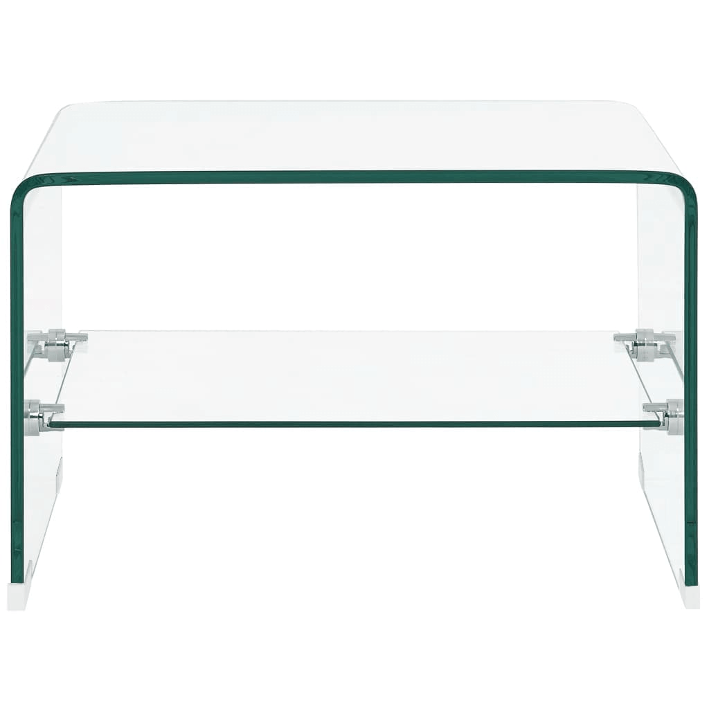 Clear Tempered Glass Coffee Table with Shelf, Elevate your modern living space with our clear tempered glass coffee table featuring a built-in shelf for enhanced strength and practical elegance.