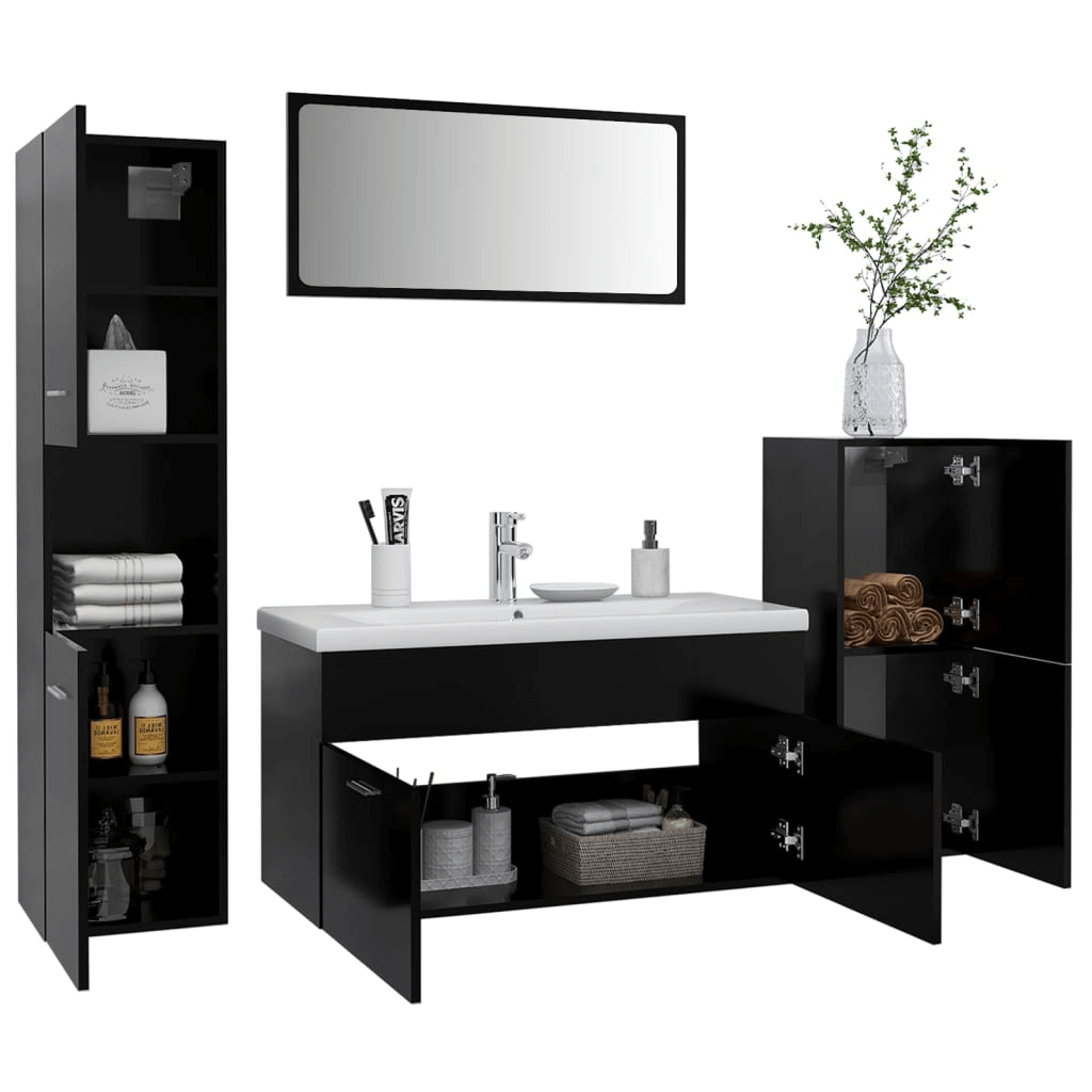 Black Engineered Wood Bathroom Furniture Set, Shop our sleek Black Engineered Wood Bathroom Furniture Set. Modern, stylish, and functional storage for an organized and chic bathroom.