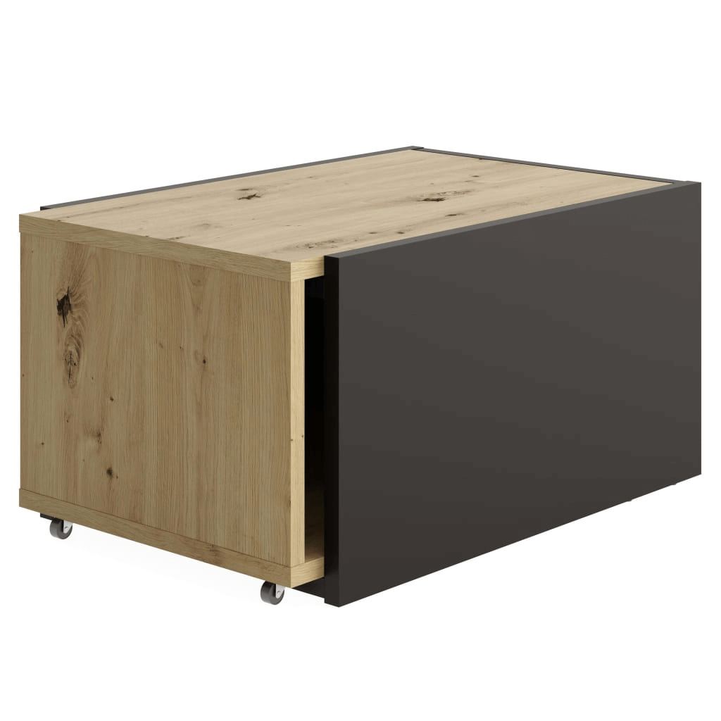 FMD Extendable Coffee Table - Modern Artisan Oak & Black, Elevate your living room with the versatile FMD Extendable Coffee Table, featuring stylish artisan oak and glossy black finishes.