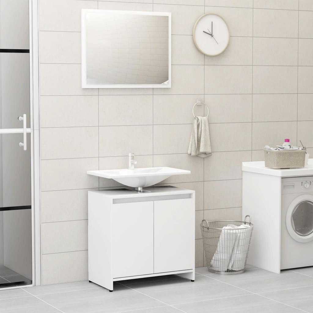 Elegant vidaXL Bathroom Set - White Engineered Wood, Upgrade your bathroom with this stylish vidaXL Bathroom Furniture Set. White engineered wood with mirror and cabinet for ample storage and modern aesthetics.