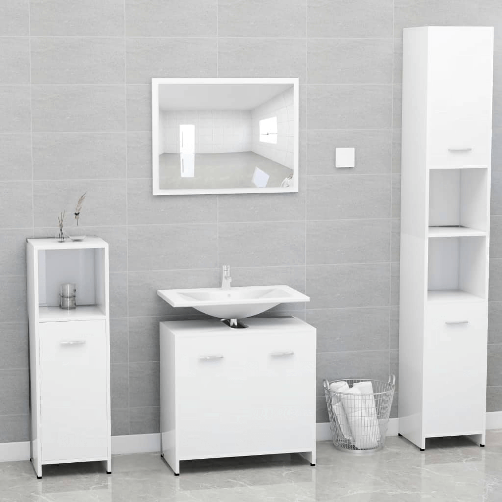 Elegant White Bathroom Furniture Set | Engineered Wood, Upgrade your bathroom with this sleek, white bathroom furniture set in durable engineered wood. Elegant design and spacious storage for modern bathrooms.