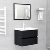 Modern Black Bathroom Set with Sink Cabinet and Mirror, Elevate your bathroom decor with our modern black engineered wood set, featuring a sink cabinet, built-in basin, and stylish mirror. Durable and chic!