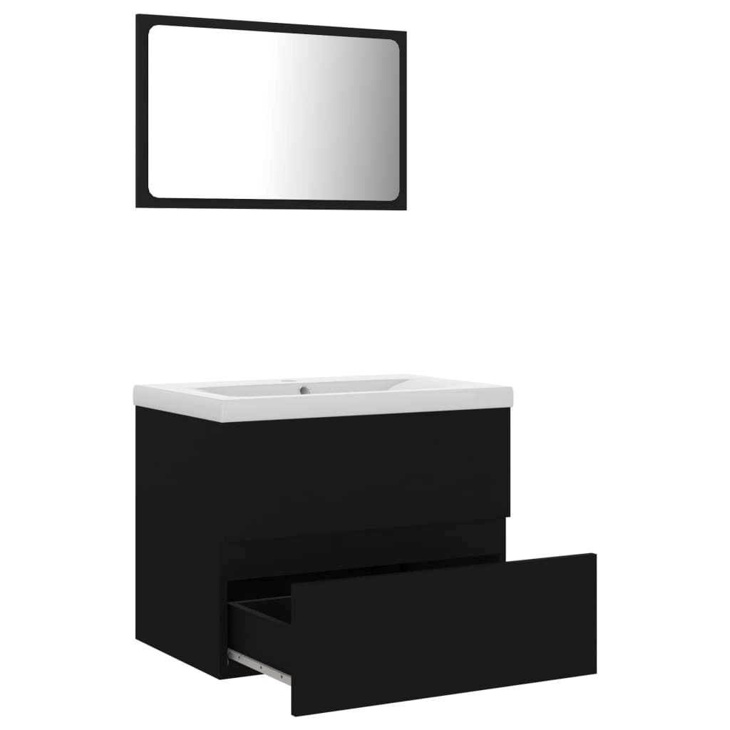 Modern Black Bathroom Set with Sink Cabinet and Mirror, Elevate your bathroom decor with our modern black engineered wood set, featuring a sink cabinet, built-in basin, and stylish mirror. Durable and chic!